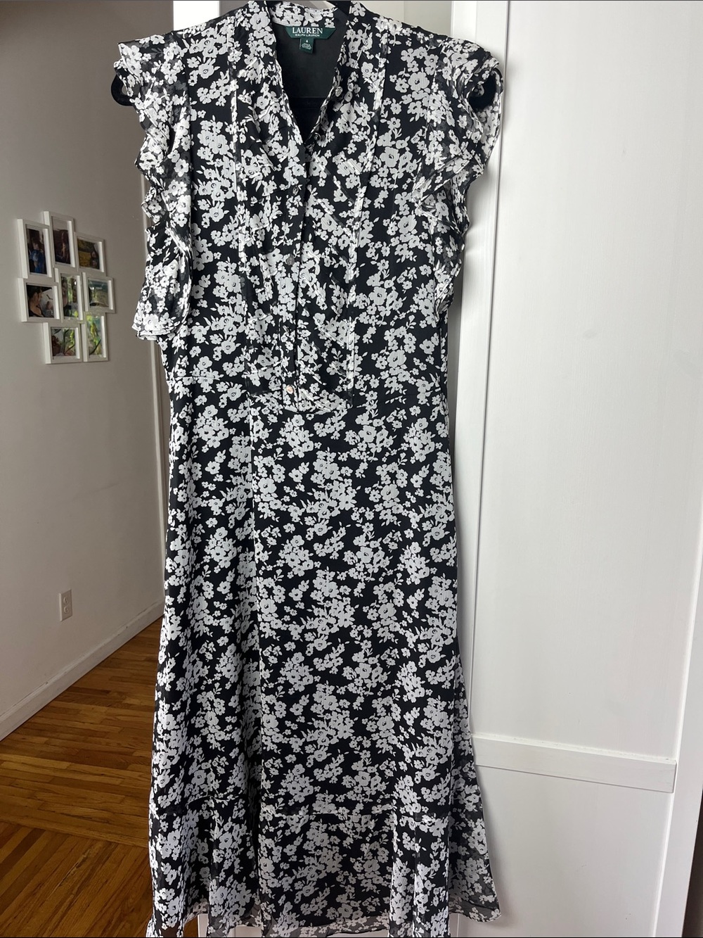 Lauren Ralph Lauren Black and White Floral Ruffle Maxi Dress